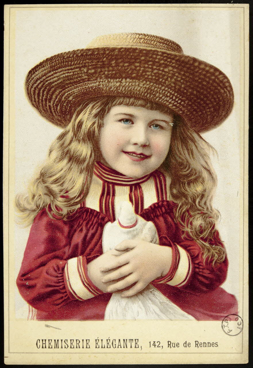 carte réclame Portrait d'une fillette avec un chapeau et tenant une colombe 1975.3.205 Photo