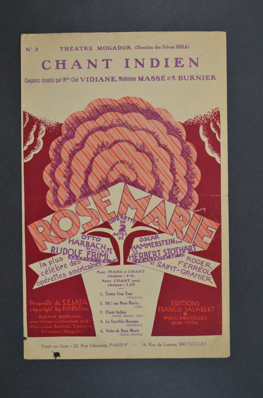 Oscar Hammerstein ; Otto Harbach ; Roger Ferréol ; Rudolf Friml ; Charles Saint-Granier ; Francis F. Salabert chanson petit format 1925 1965.168.49 Photo Mucem