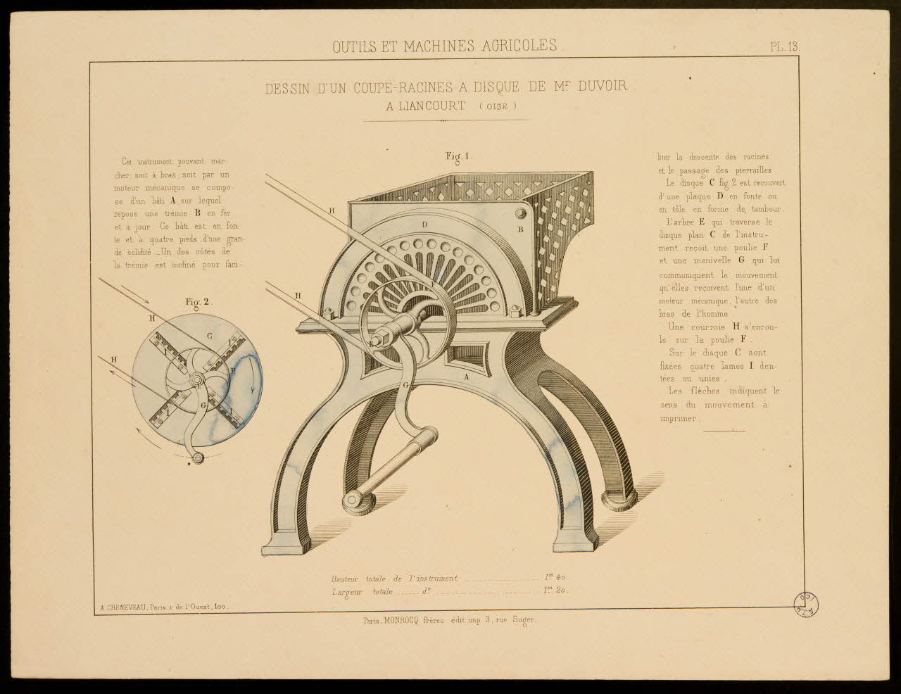 estampe OUTILS ET MACHINES AGRICOLES  DESSIN D'UN COUPE-RACINES A DISQUE DE Mr DUVOIR  A LIANCOURT (OISE) 1975.42.35 Photo