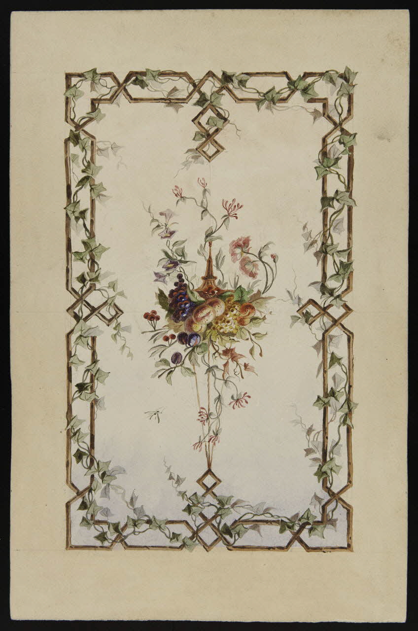 Dailland E. dessin Projet de store de boutique : corbeille de fleurs et de fruits suspendue à un encadrement de lierre 1880 1975.46.16 Photo