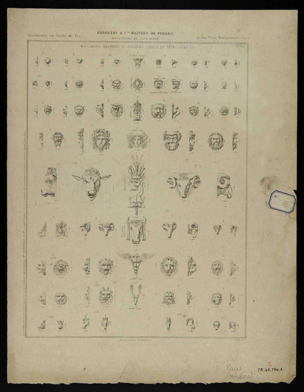 estampe MASCARONS, DAUPHINS D'APPLIQUES, CADUCE ET TETES DIVERSES 1975.46.194.1/2 Photo