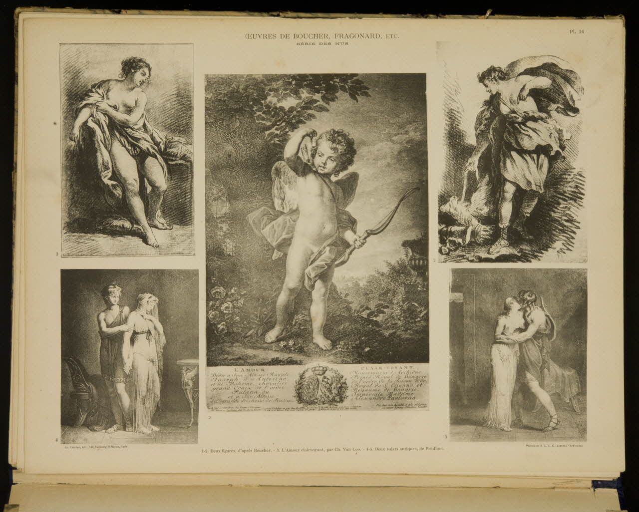 album OEUVRES DE BOUCHER, FRAGONARD, ECT.  SERIE DES NUS  1-2. Deux figures, d'après Boucher. - 3. L'Amour clairvoyant, par Ch. Van Loo. - 4-5. DEux sujets antiques, de Prudhon. 1975.46.240.16 Photo