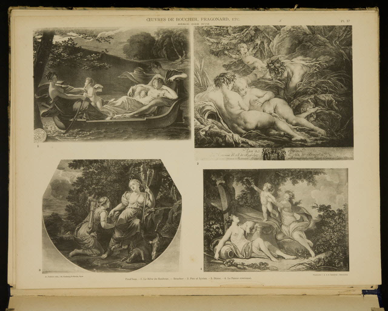 album OEUVRES DE BOUCHER, FRAGONARD, ECT.  SERIE DES NUS  1. Le Rêve du Bonheur. - Boucher. - 2. Pan et Syrinx. - 3. Diane. - 4. Le Faune couronné. 1975.46.240.19 Photo