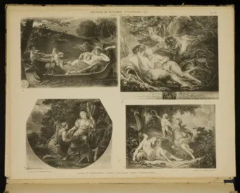 album OEUVRES DE BOUCHER, FRAGONARD, ECT.  SERIE DES NUS  1. Le Rêve du Bonheur. - Boucher. - 2. Pan et Syrinx. - 3. Diane. - 4. Le Faune couronné. 1975.46.240.19  Photo