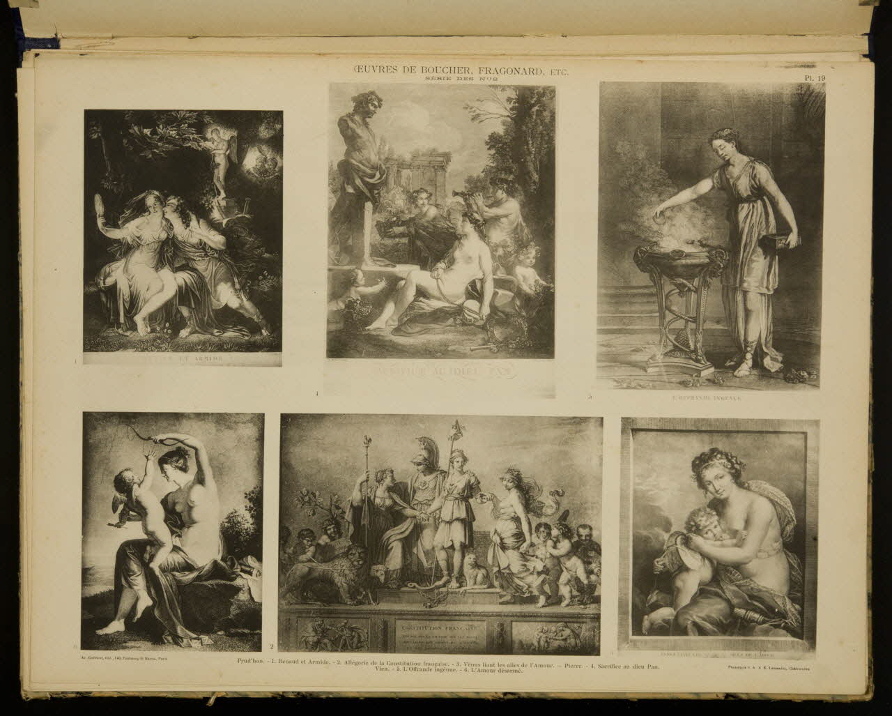 album OEUVRES DE BOUCHER, FRAGONARD, ECT.  SERIE DES NUS  Prud'hon. - 1. Renaud et Armide. - 2. Allégorie de la Constitution française. - 3. Vénus liant les ailes de l'Amour. - Pierre. - 4. Sacrifice au die 1975.46.240.21 Photo