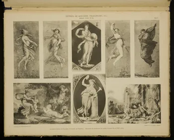 album OEUVRES DE BOUCHER, FRAGONARD, ECT.  SERIE DES NUS  Les Quatre Saisons, la Géographie, la Comédie, par Prud'hon. - Recréation des Bacchantes, les Jardins d'Armide (fin du XVIIIe siècle). 1975.46.240.22 Photo