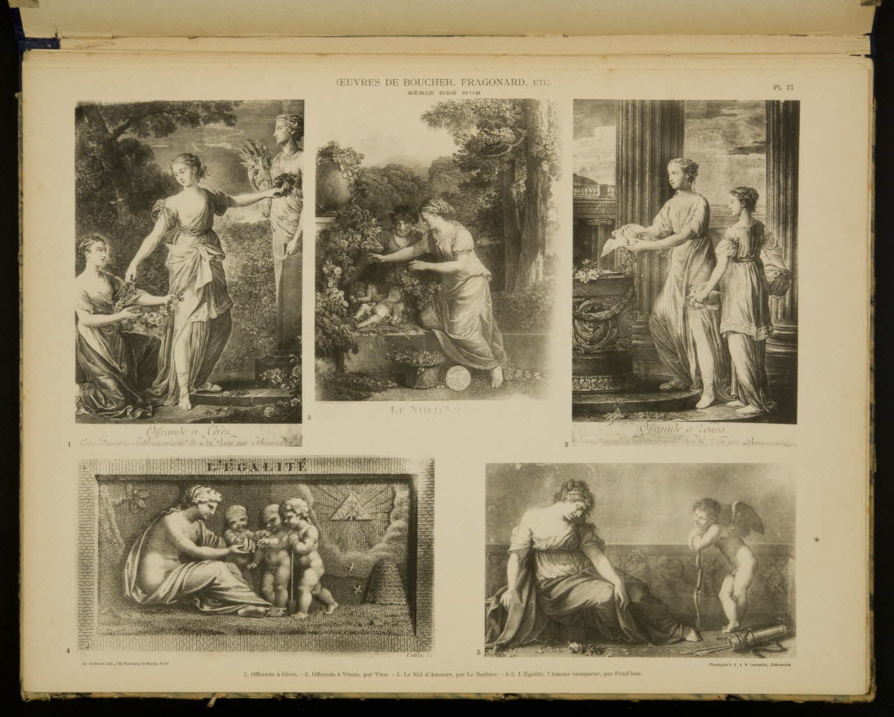 album OEUVRES DE BOUCHER, FRAGONARD, ECT.  SERIE DES NUS  1. Offrande à Cérès. - 2. Offrande à Vénus, par Vien. - 3. Le Nid d'Amours, par Le Barbier. - 4-5 L'Egalité, l'Amour vainqueur, par Prud'hon. 1975.46.240.23 Photo