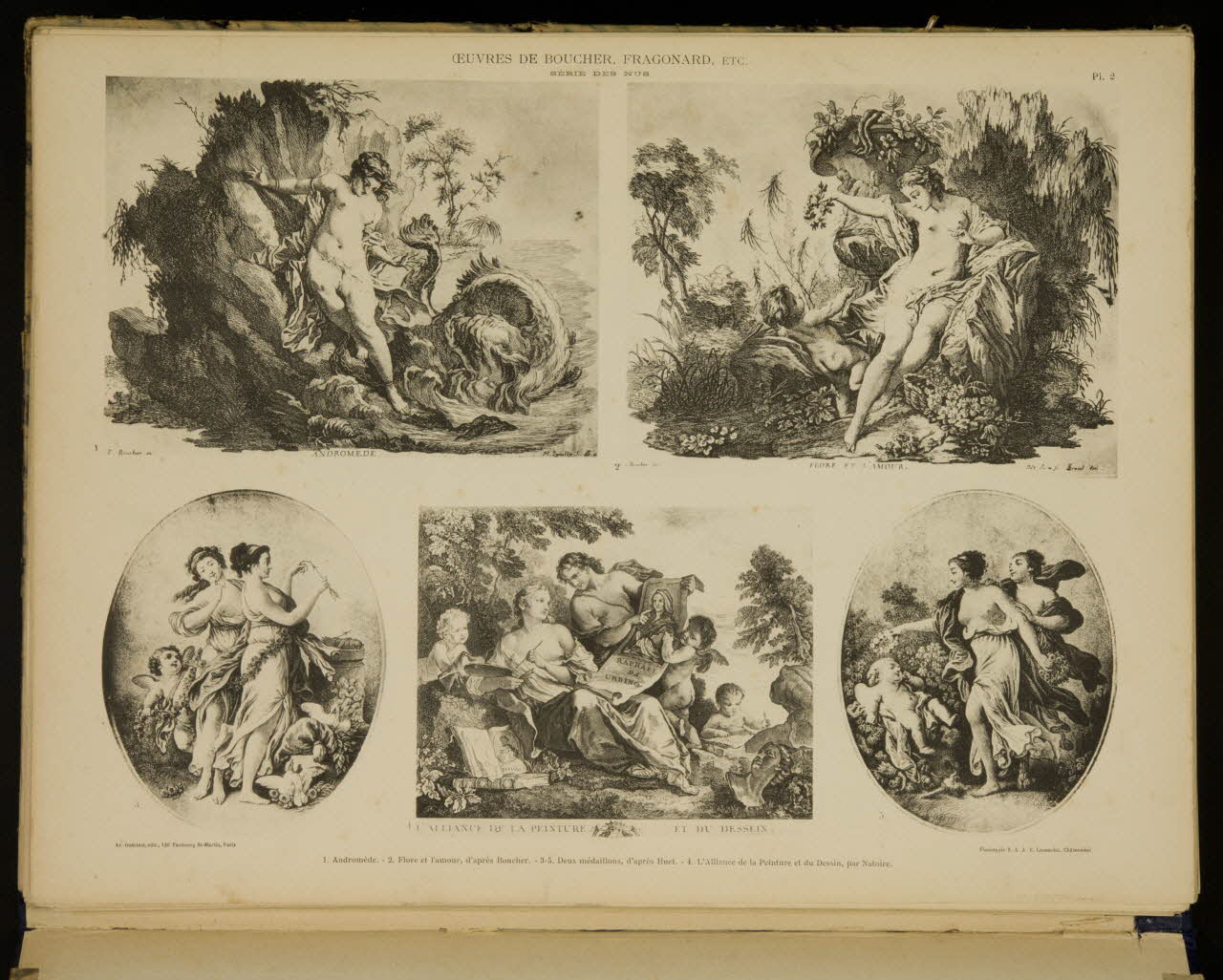 album OEUVRES DE BOUCHER, FRAGONARD, ECT.  SERIE DES NUS  1. Andromède. - 2. Flore et l'amour, d'après Boucher. - 3-5. Deux médaillons, d'après Huet. - 4. L'Alliance de la Peinture et du Dessin, par Natoire 1975.46.240.4 Photo