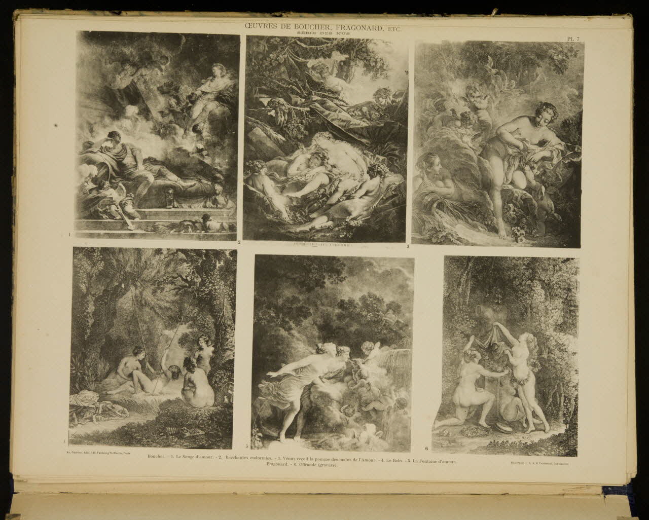 album OEUVRES DE BOUCHER, FRAGONARD, ECT.  SERIE DES NUS  Boucher. - 1. Le Songe d'Amour. - 2. Bacchantes endormies. - 3. Vénus reçoit la pomme des mains de l'Amour. - 4. Le Bain. - 5. La Fontaine d'amour. 1975.46.240.9 Photo