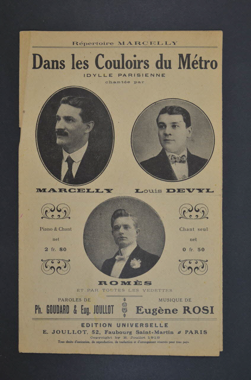 Philippe Goudard ; Eugène Rosi ; Edmond Joullot ; Marcelly ; Louis Devyl ; Romès ; Edition Universelle; chanson petit format Île-de-France, France 1918 1966.175.23 Photo Mucem