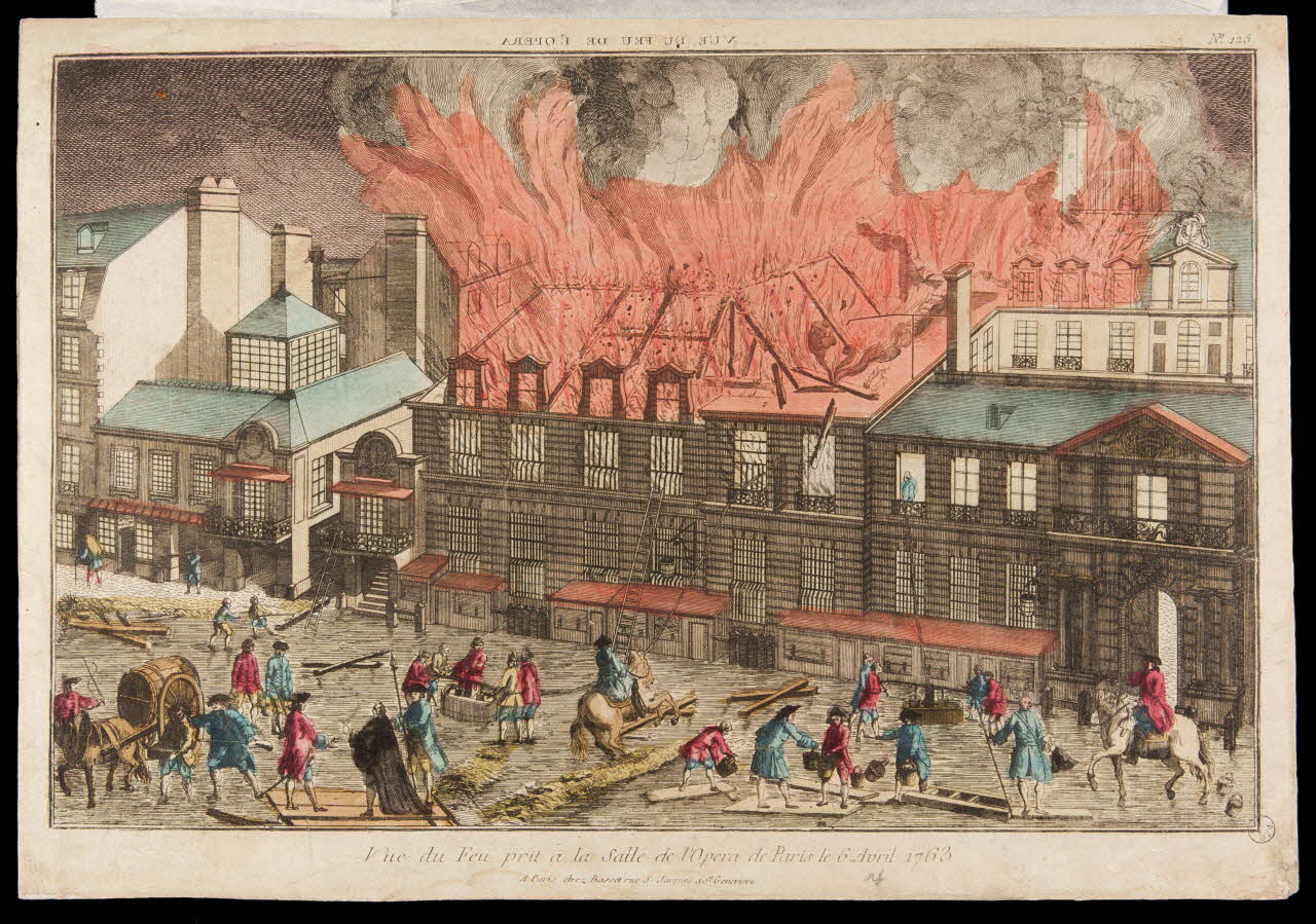 André Basset ; le Jeune (dit) imagerie ancienne Vue du Feu prit a la Salle de l'Opera de Paris le 6 Avril 1763 Paris 1763 1975.86.10 Photo
