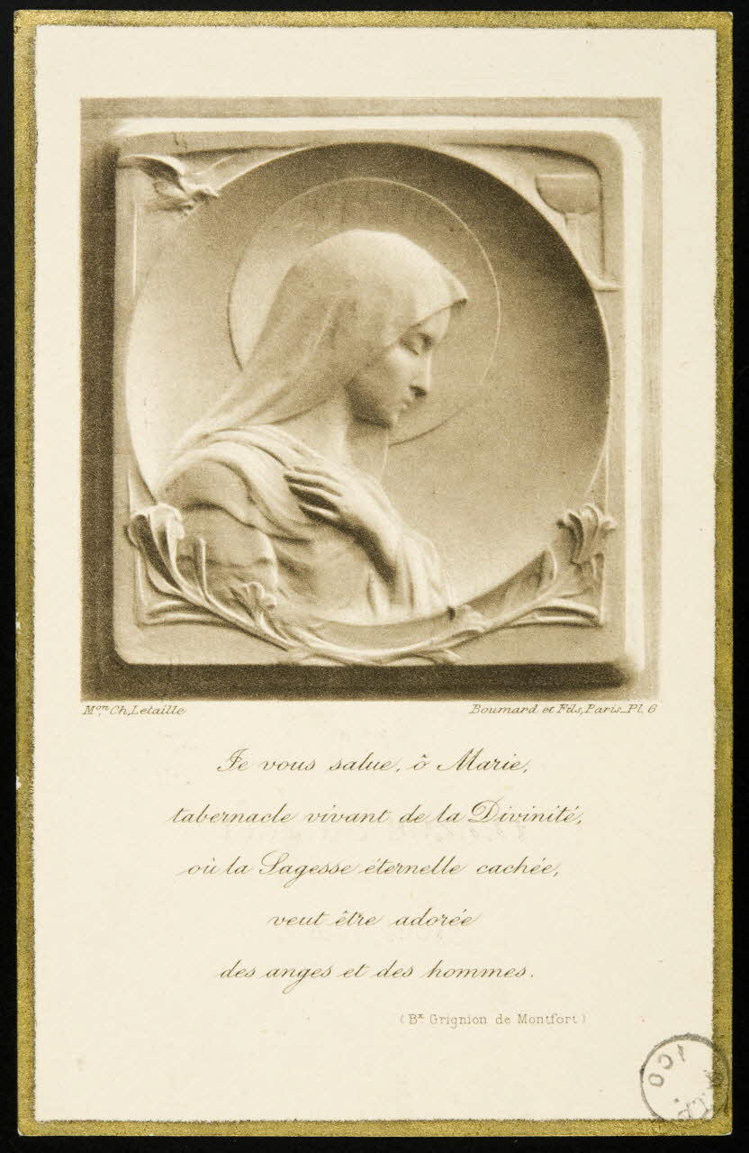 estampe Je vous salue, ô Marie,  tabernacle vivant de la Divinité,  où la Sagesse éternelle cachée,  veut être adorée  des anges et des hommes. 1975.9.3 Photo