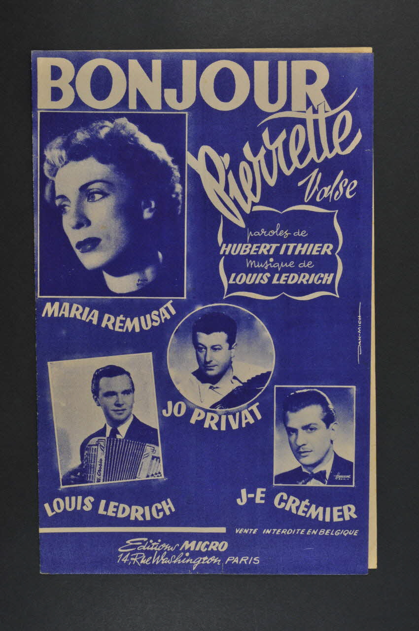 Hubert Ithier ; Louis Ledrich ; Maria Remusat ; Jo Privat ; Jean-Eddie Cremier ; Editions Micro; chanson petit format Île-de-France, France 1953 1966.178.6 Photo Mucem