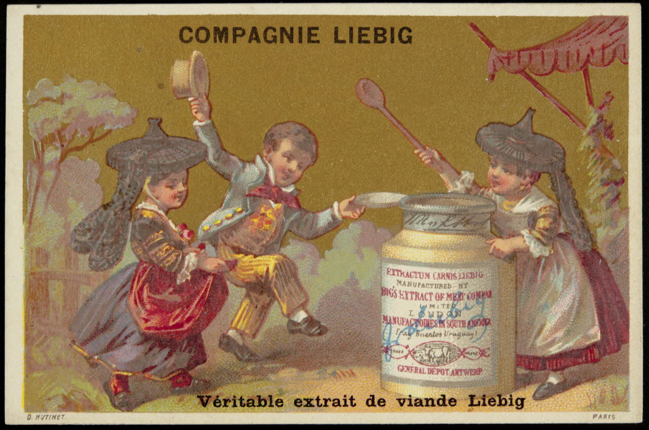D. Hutinet carte réclame Des paysans en costumes traditionnels dansent autour d'une boîte Liebig 1880-1890 1994.25.123 Photo