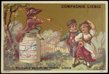 D. Hutinet carte réclame Musicien sur un pot de Liebig jouant devant un couple 1880-1890 1994.25.130 Photo