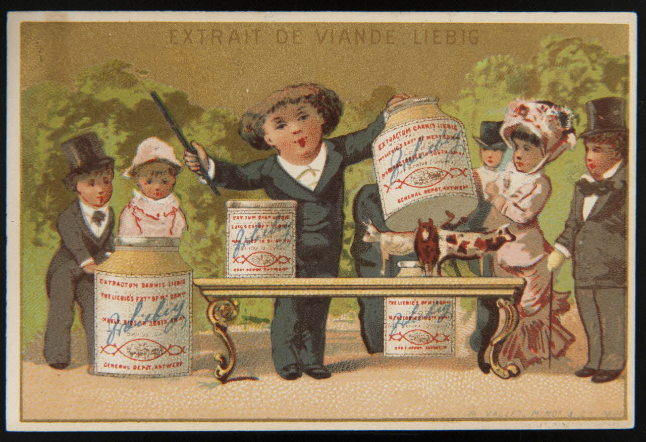 Vallet-Minot et Cie carte réclame Un magicien fait apparaître des vaches sous une boîte de Liebig 1881-1884 1994.25.142 Photo