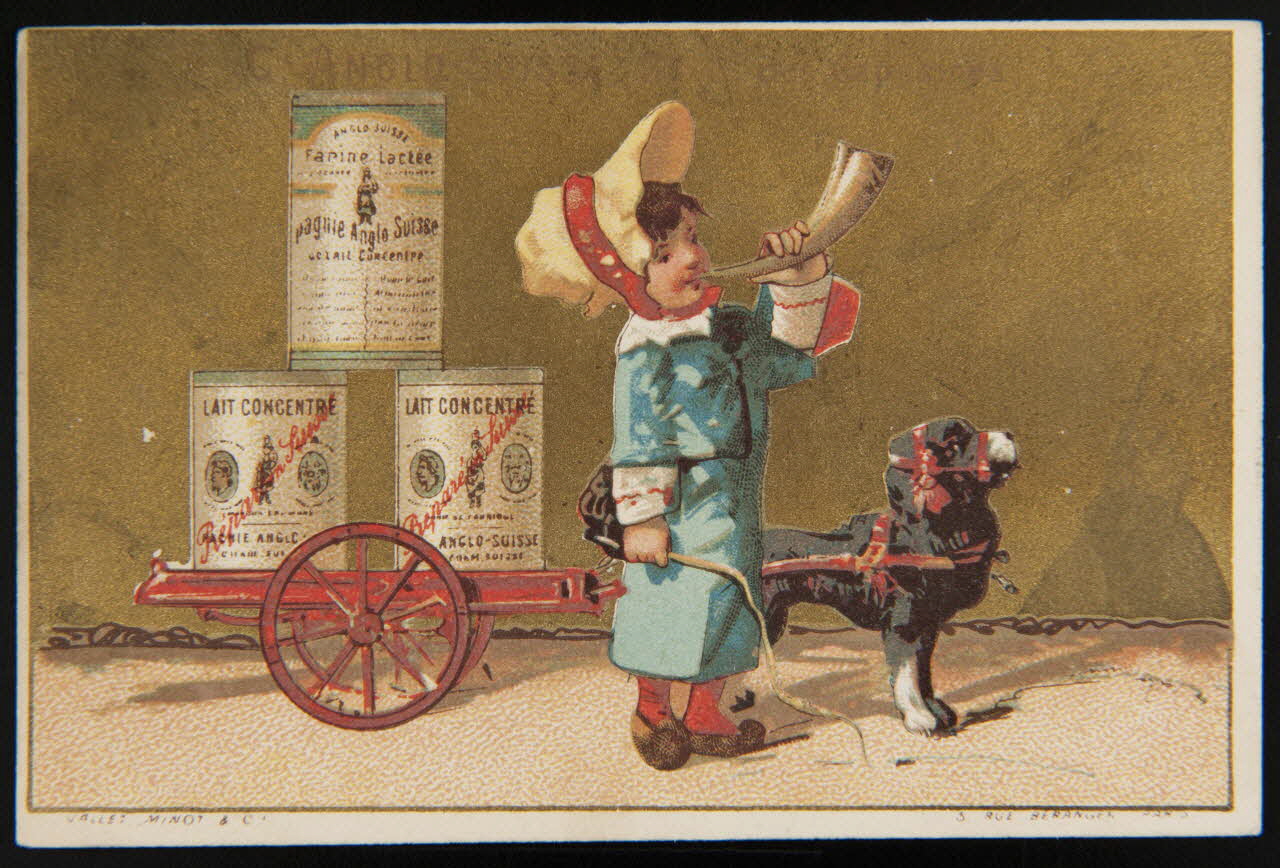 Vallet-Minot et Cie carte réclame Une jeune fille souffle dans une corne, avec à côté un chien tirant des boîtes de Liebig 1881-1884 1994.25.150 Photo