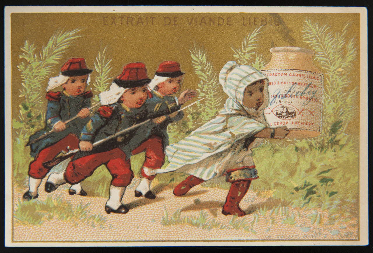 Vallet-Minot et Cie carte réclame Un homme dérobe une boîte de Liebig, il est poursuivi par trois soldats 1881-1884 1994.25.152 Photo