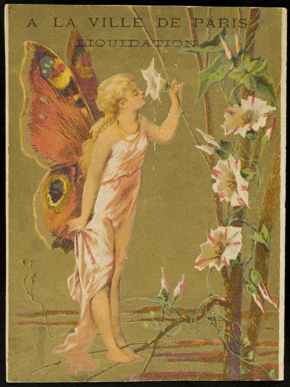 carte réclame Une femme avec des ailes de papillon sent une fleur 1994.25.52 Photo