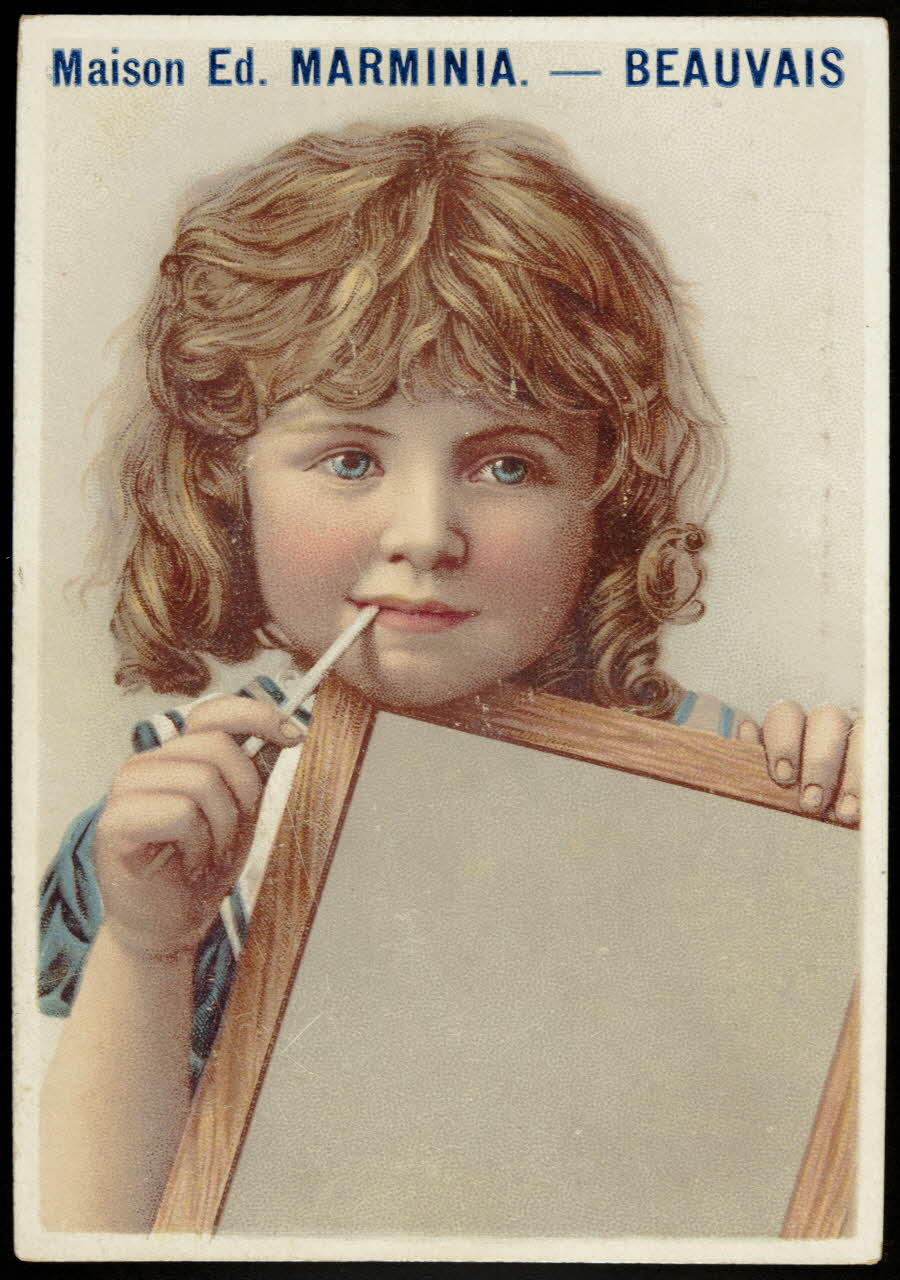 Léopold Verger carte réclame Portrait d'une fillette tenant une ardoise, avec un crayon dans la bouche 1878-1914 1994.25.57 Photo
