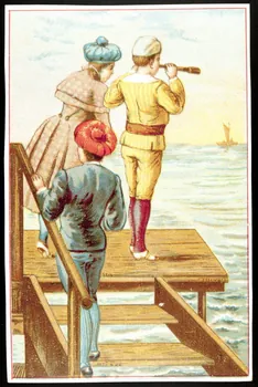 Léopold Verger carte réclame Des enfants sont au bord de la mer, l'un d'entre eux observe les bateaux à travers une longue-vue 1878-1914 1994.25.68 Photo