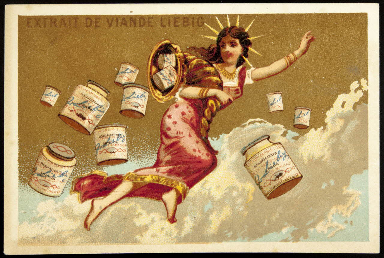 Testu & Massin carte réclame Une femme couronnée vole parmi les nuages, portant une corne d'abondance remplie de boîtes de Liebig 1878-1883 1994.25.98 Photo