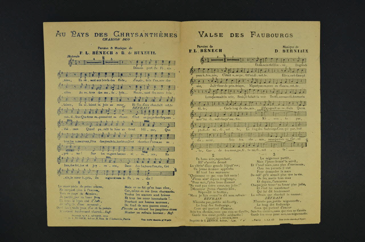 Ferdinand Louis Bénech ; Marcel Bertal ; René De Buxeuil ; Ernest Dumont ; Désiré Berniaux chanson petit format Île-de-France, France 1914 1965.172.124 Photo Mucem