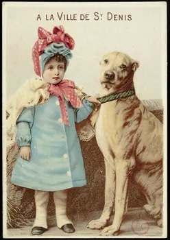 carte réclame Jeune fille en manteau bleu et en bonnet, tenant le collier d'un gros chien assis à côté d'elle 1994.31.110.6 Photo