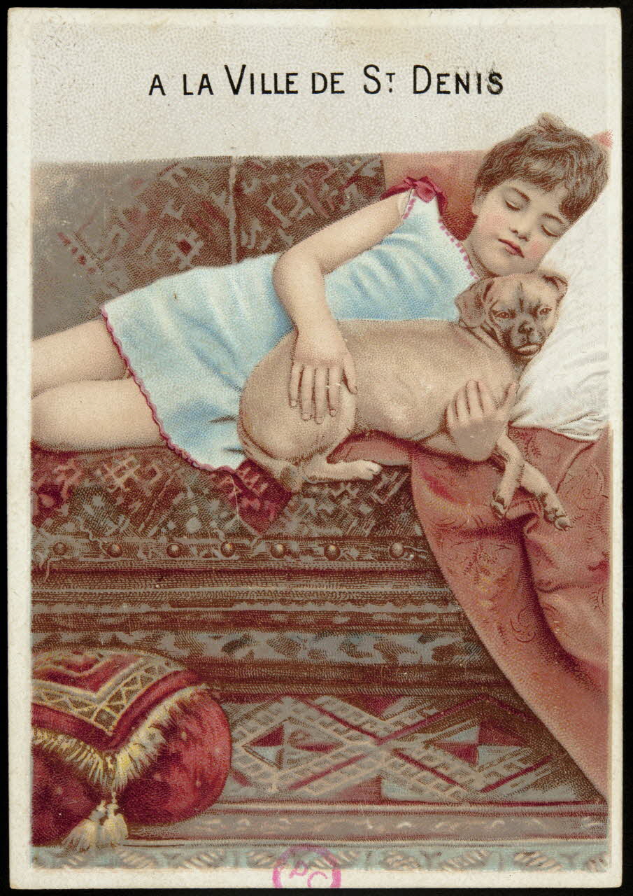 carte réclame Jeune fille se reposant avec son chien 1994.31.110.7  Photo