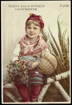 carte réclame Fillette assise sur une barrière avec un panier et des fleurs 1994.31.110.9 Photo
