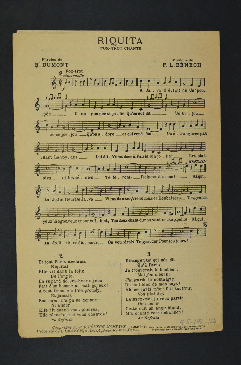 Ferdinand Louis Bénech ; Marcel Bertal ; René De Buxeuil ; Ernest Dumont ; Désiré Berniaux chanson petit format Île-de-France, France 1914 1965.172.124 Photo Mucem