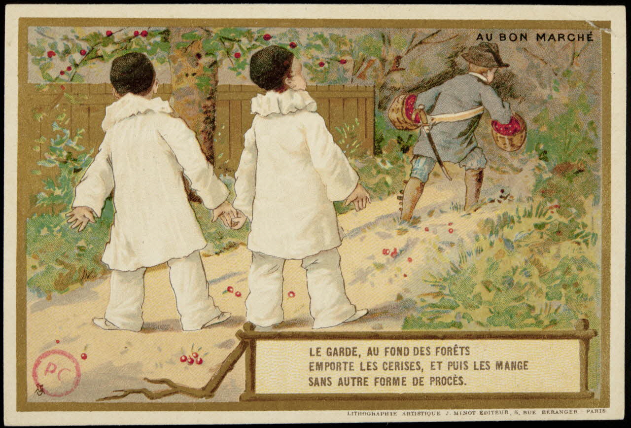 carte réclame LE GARDE, AU FOND DES FORÊTS  EMPORTE LES CERISES, ET PUIS LES MANGE  SANS AUTRE FORME DE PROCES. 1994.31.141.2 Photo