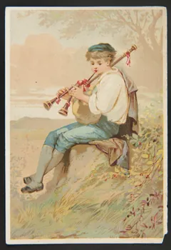 carte réclame Un jeune homme assis joue de la cornemuse 1994.31.189.2 Photo