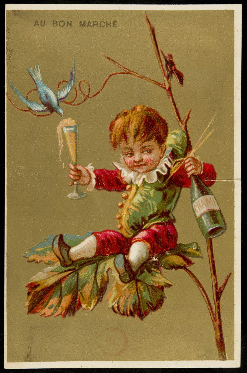 carte réclame Enfant déguisé en bouffon assis sur une branche, avec une bouteille et un verre de vin à la main 1994.31.243.1 Photo