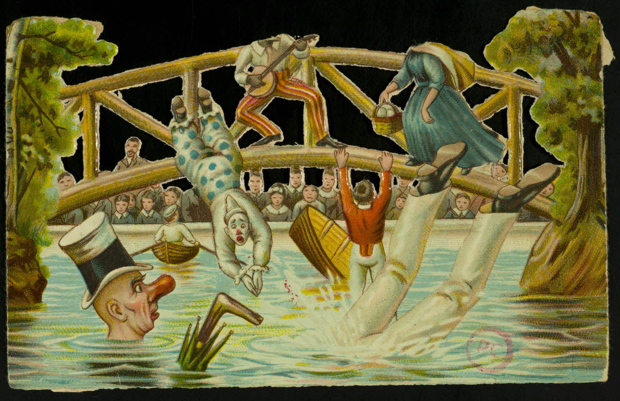carte réclame Spectacle d'acteurs et de clowns sur un pont, devant des enfants 1994.31.264.1 Photo