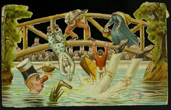carte réclame Spectacle d'acteurs et de clowns sur un pont, devant des enfants 1994.31.264.1  Photo