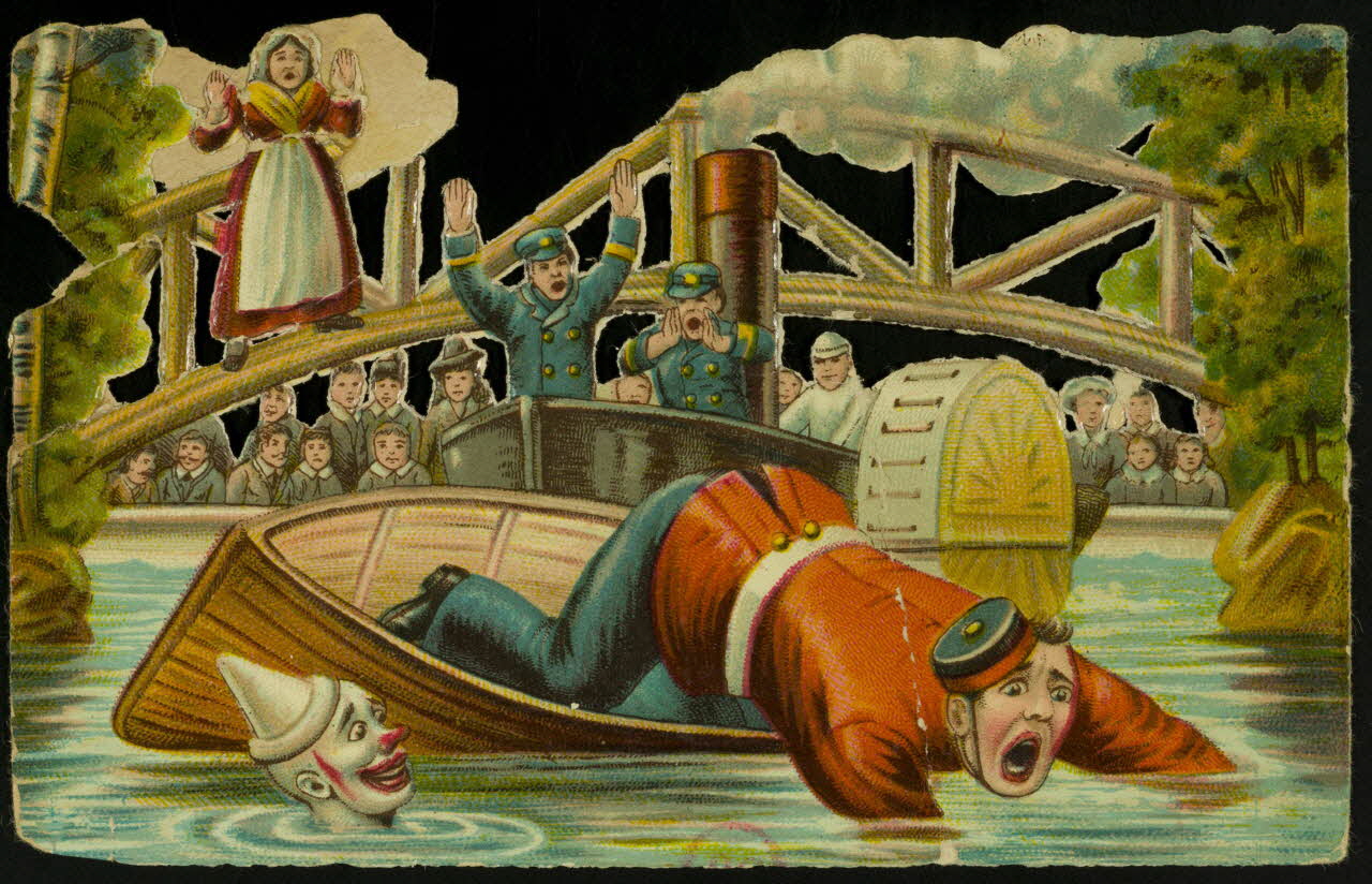 carte réclame Spectacle d'acteurs et de clowns sur un pont, devant des enfants 1994.31.264.2 Photo