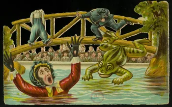 carte réclame Spectacle d'acteurs et de clowns sur un pont, devant des enfants 1994.31.264.4 Photo