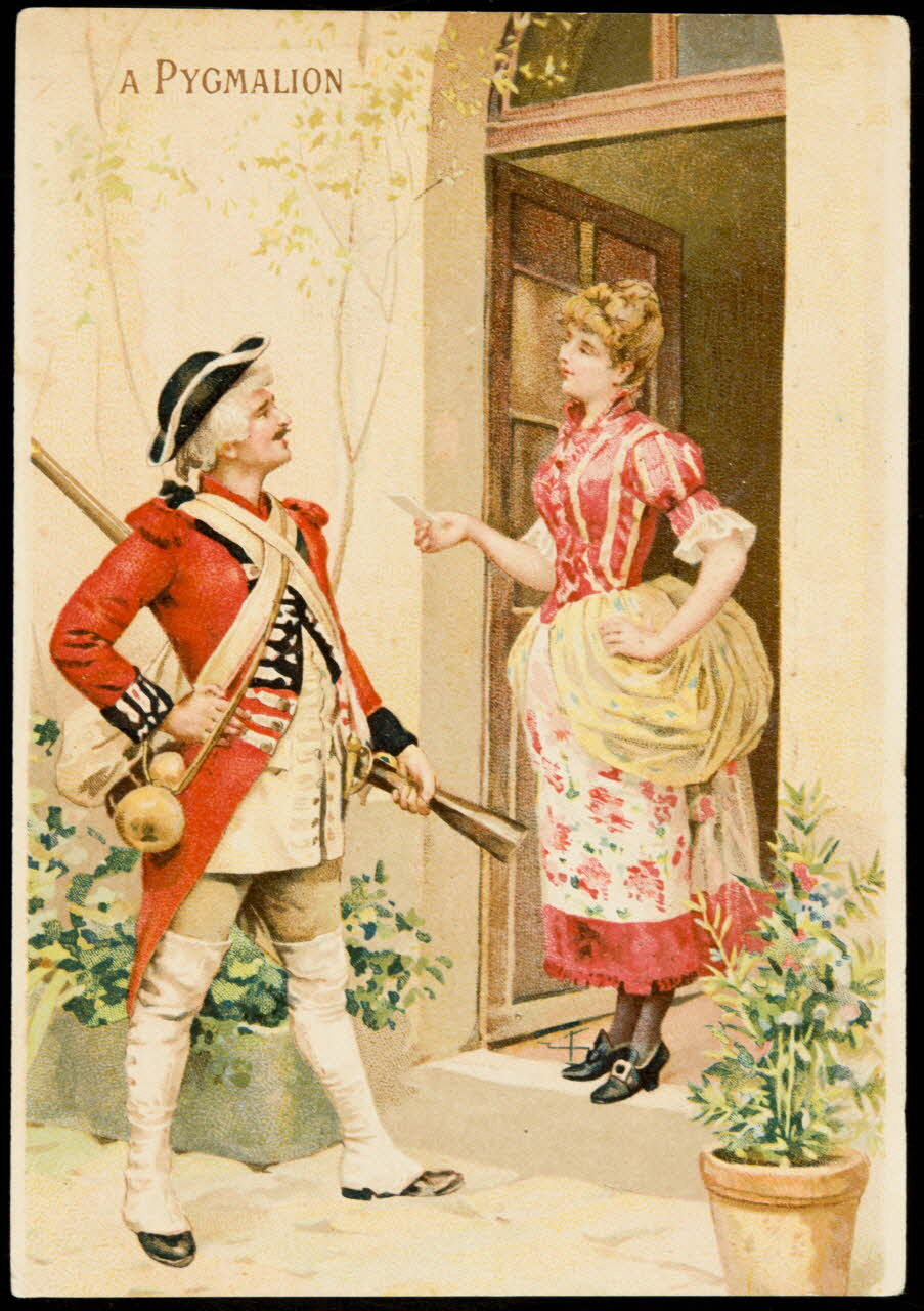 carte réclame Un soldat discute avec une jeune femme qui lui tend un papier 1994.31.299.1 Photo