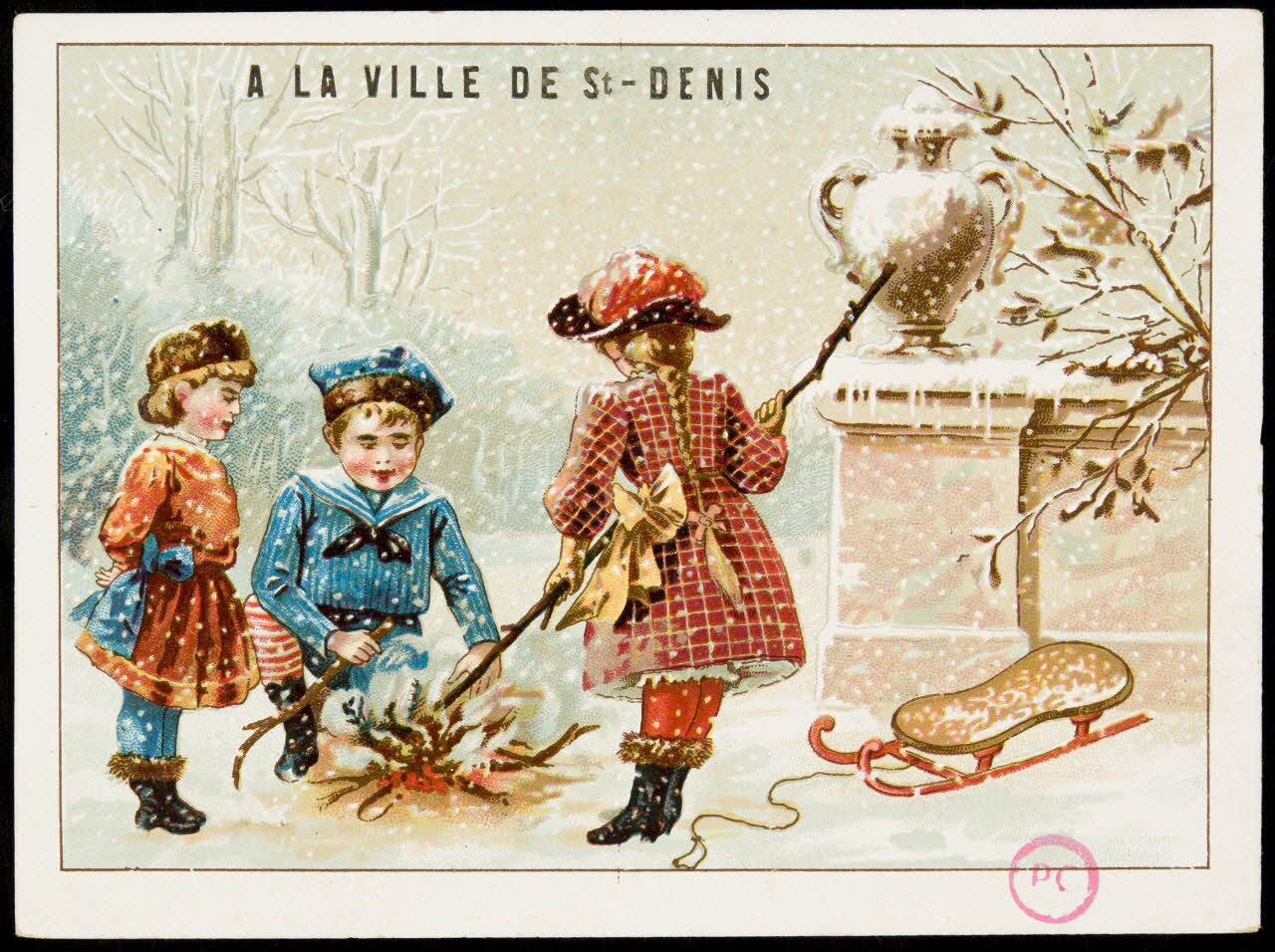 carte réclame Des enfants font un feu dans la neige 1994.31.309.1 Photo