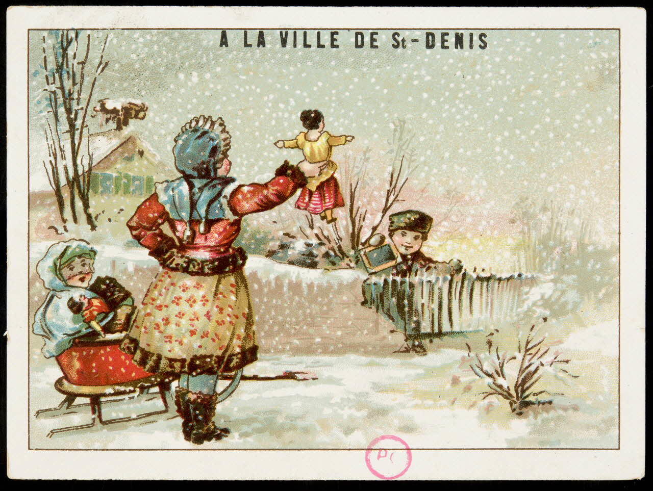 carte réclame Des enfants font de la luge, une fillette brandit une poupée devant un petit garçon qui porte une ardoise 1994.31.309.2 Photo