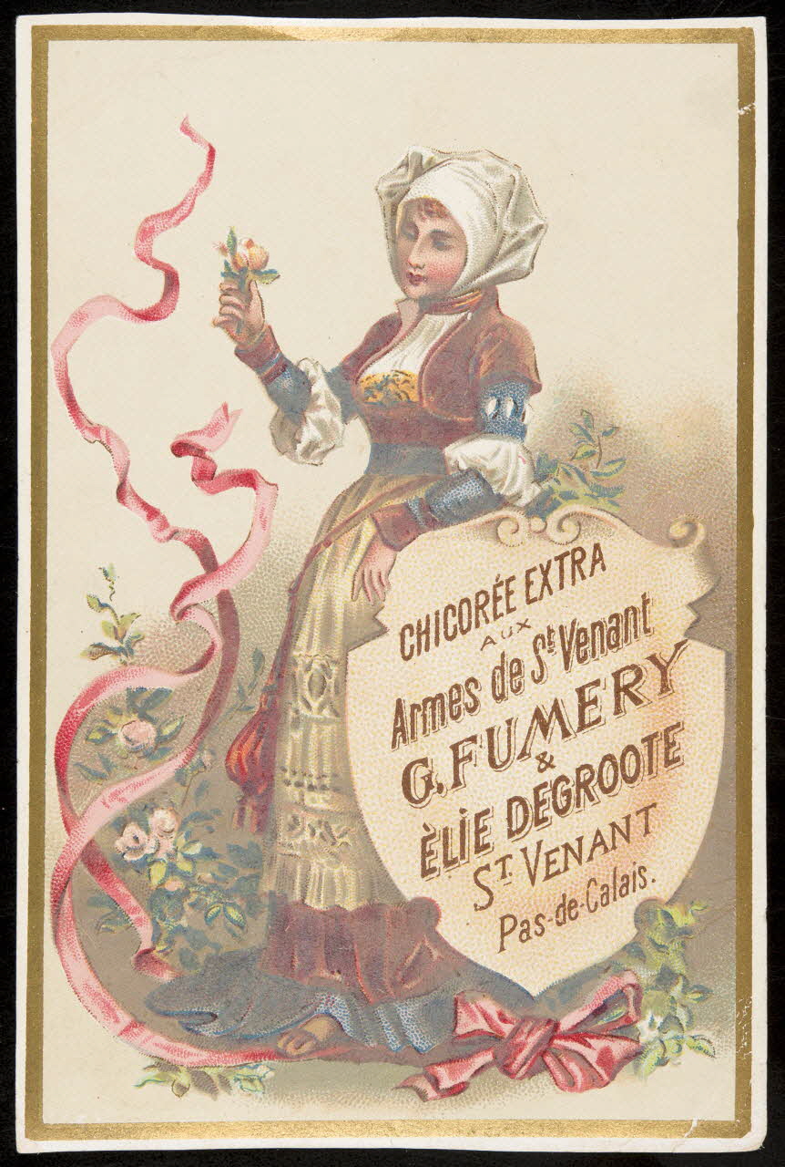 carte réclame Femme en costume traditionnel tenant une fleur dans sa main droite 1994.31.314.1 Photo