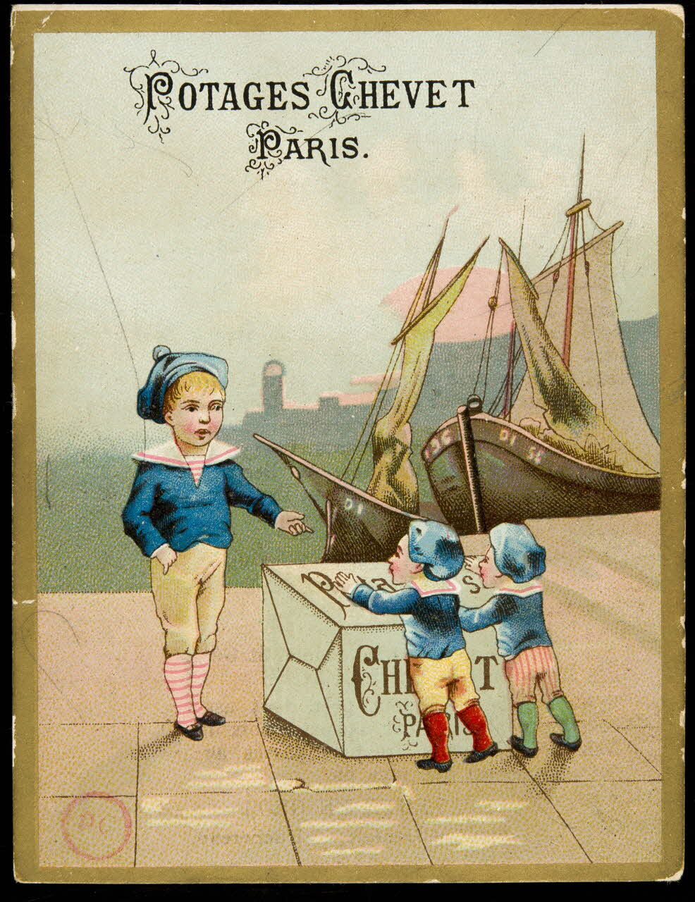 carte réclame Trois garçons habillés en marin sur un quai 1994.31.316.1 Photo