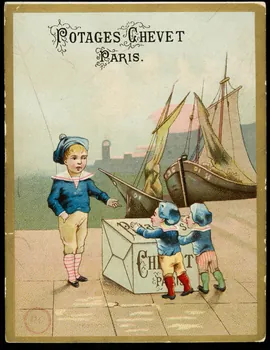 carte réclame Trois garçons habillés en marin sur un quai 1994.31.316.1  Photo