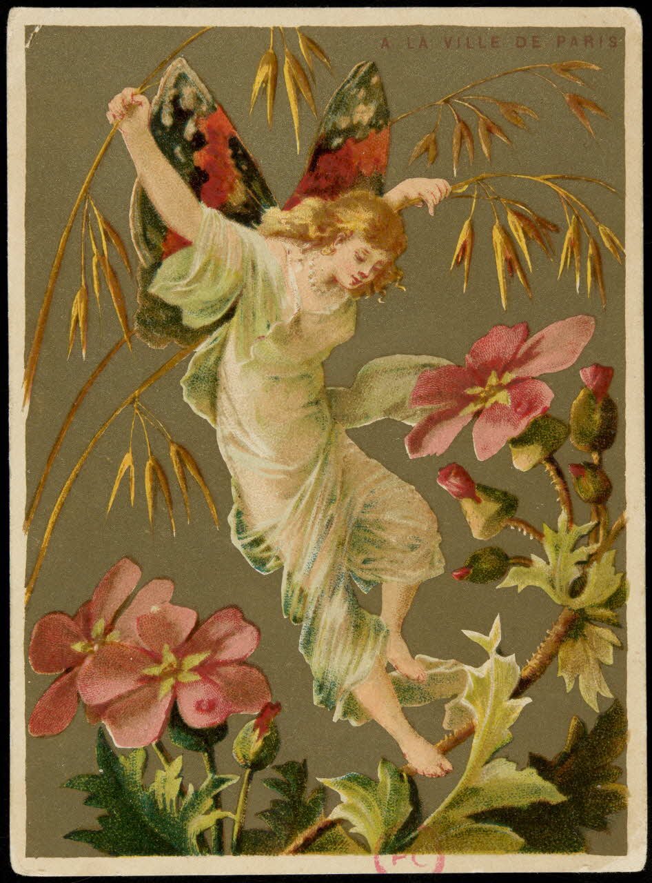 carte réclame Jeune femme avec des ailes de papillon posée sur une branche 1994.31.329.1 Photo