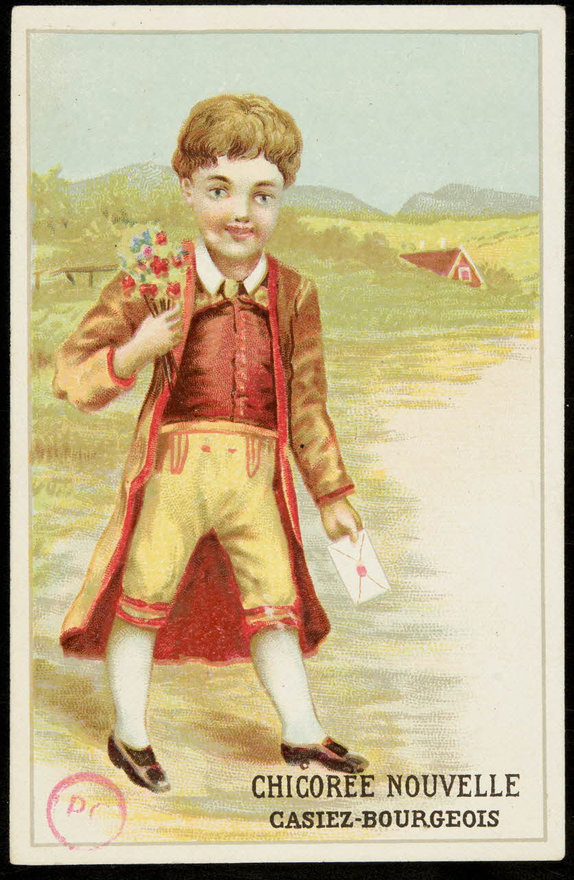 carte réclame Jeune homme en marron présentant des fleurs et portant une lettre 1994.31.345.1 Photo