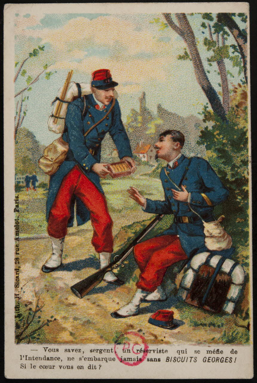 Henri Sicard carte réclame - Vous savez, sergent, un réserviste qui se méfie de  l'Intendance, ne s'embarque jamais sans BISCUIT GEORGES !  Si le coeur vous en dit ? 1884-1890 1994.31.99.1 Photo
