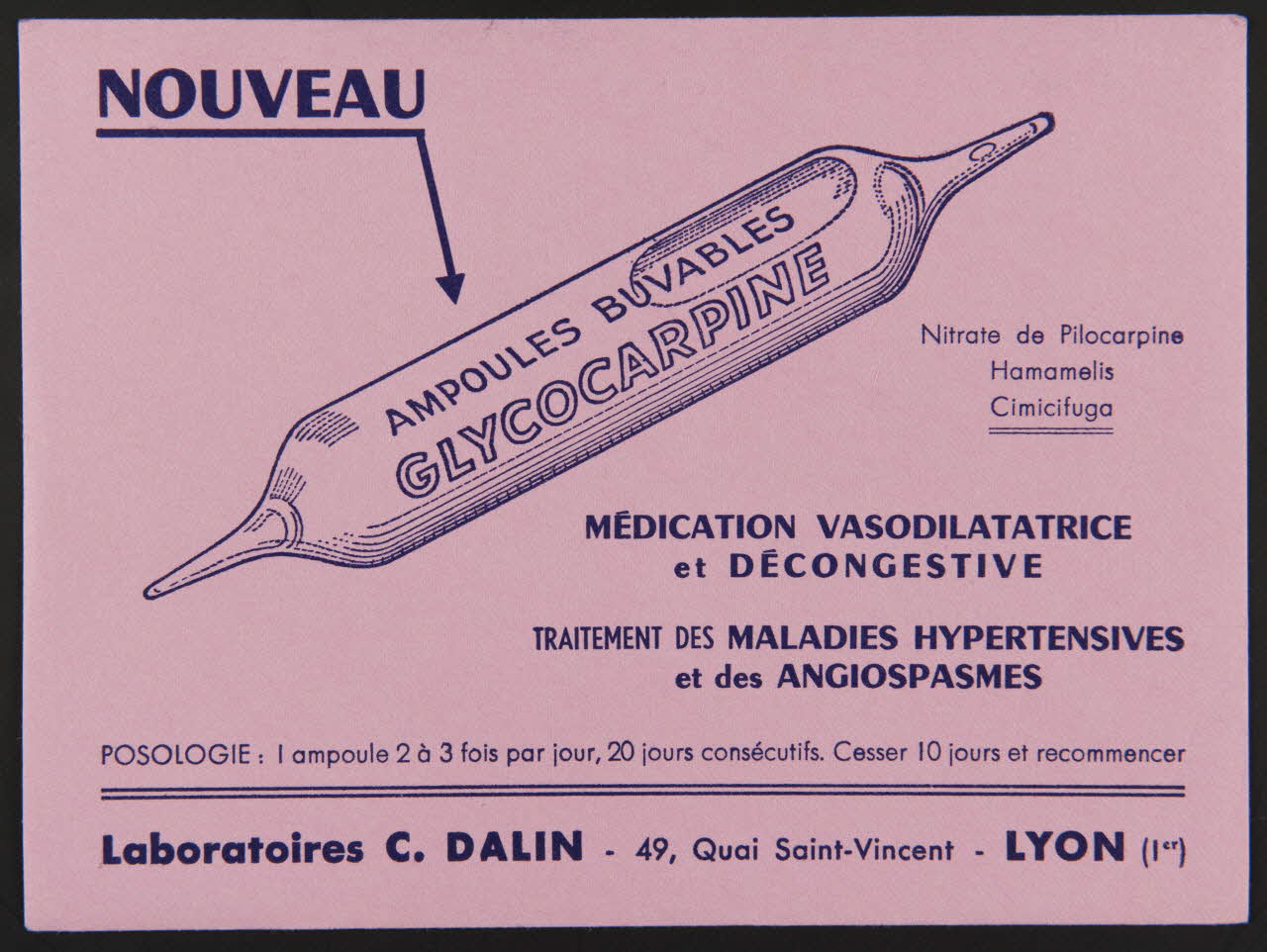 buvard publicitaire AMPOULES BUVABLES  GLYCOCARPINE 1994.34.1016 Photo
