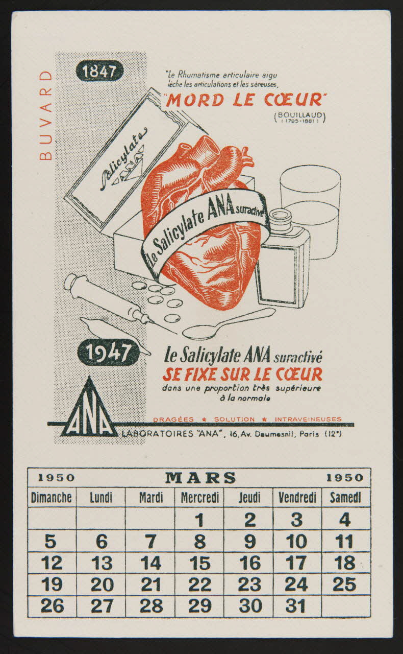 buvard publicitaire Le Salicylate ANA suractivé  SE FIXE SUR LE COEUR 1950 1994.34.1022 Photo