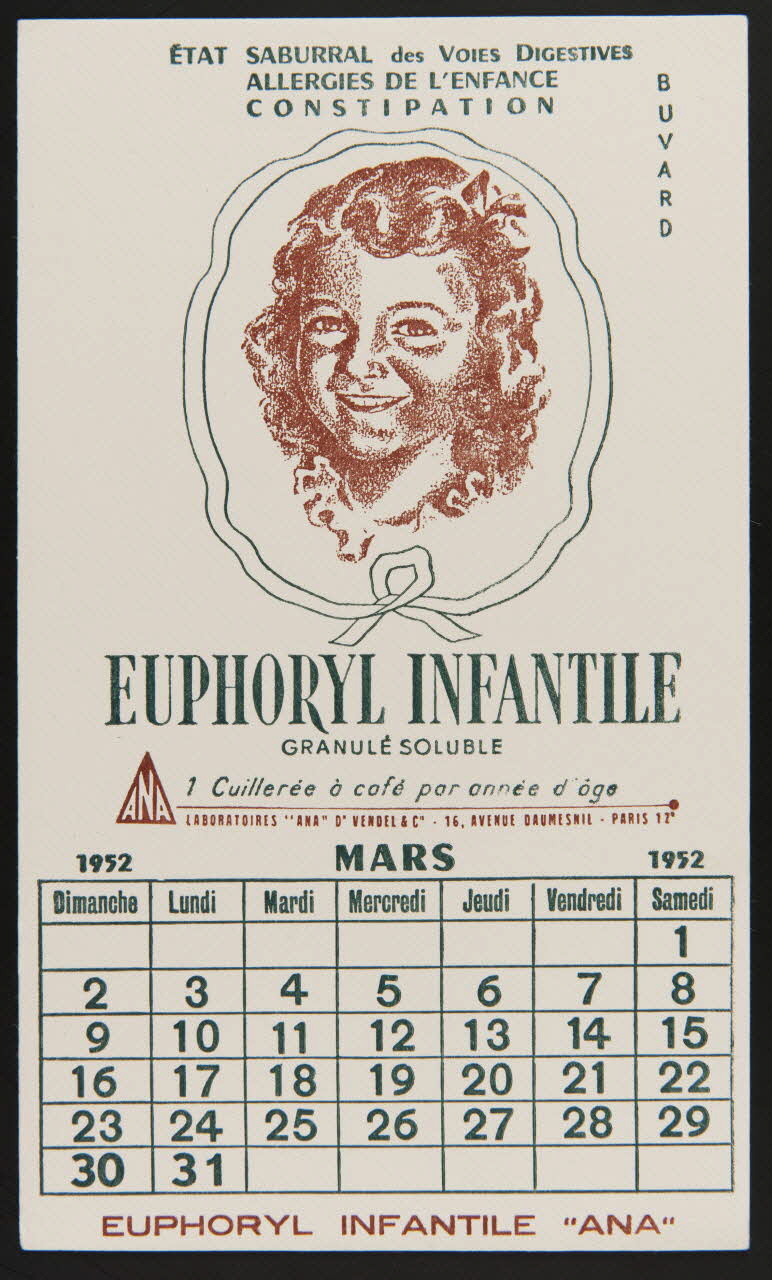 buvard publicitaire ETAT SABURRAL des VOIES DIGESTIVES  EUPHORYL INFANTILE 1952 1994.34.1023 Photo